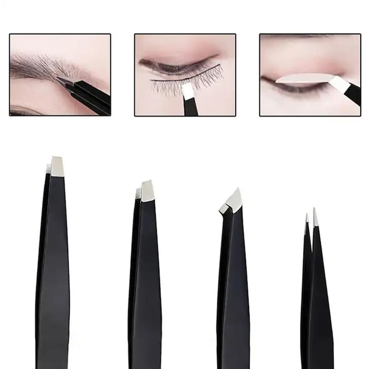 Set 4 pensete profesionale pentru gene si sprancene, din otel inoxidabil, 9.6x1x0.4 cm, negre – precizie si eleganta in fiecare detaliu [4]