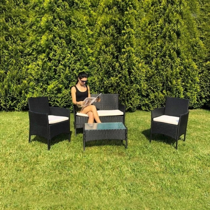 Set mobilier complet de gradina din 4 piese,2 fotolii, 1 canapea,1 masuta - Negru [6]