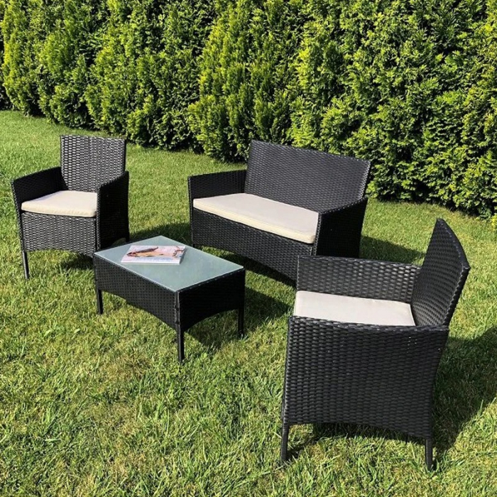 Set mobilier complet de gradina din 4 piese,2 fotolii, 1 canapea,1 masuta - Negru [7]