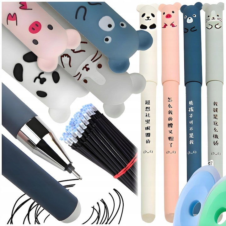 Set 4 pixuri scrie-sterge cu modele de animalute, 20 rezerve si 2 radiere – scriere fara griji, perfect pentru scoala si birou [8]