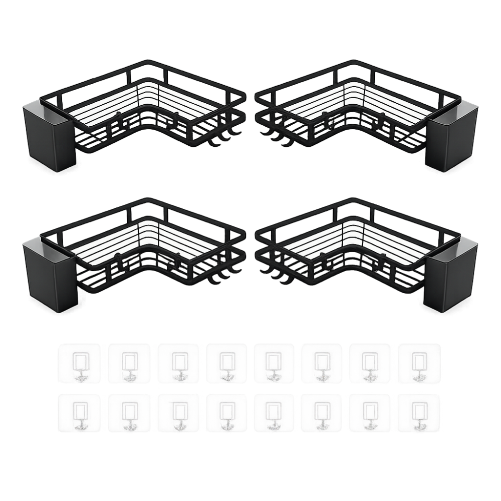 Set 4 rafturi de colt autoadezive pentru baie si bucatarie, suport metalic cu carlige si recipient detasabil, 24.8 x 24.8 x 5 cm, negru [3]