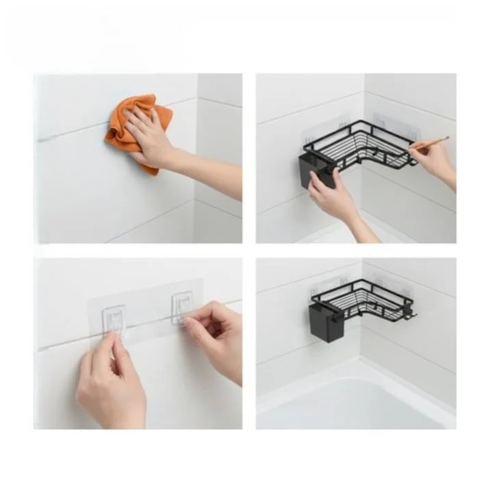 Set 4 rafturi de colt autoadezive pentru baie si bucatarie, suport metalic cu carlige si recipient detasabil, 24.8 x 24.8 x 5 cm, negru [4]
