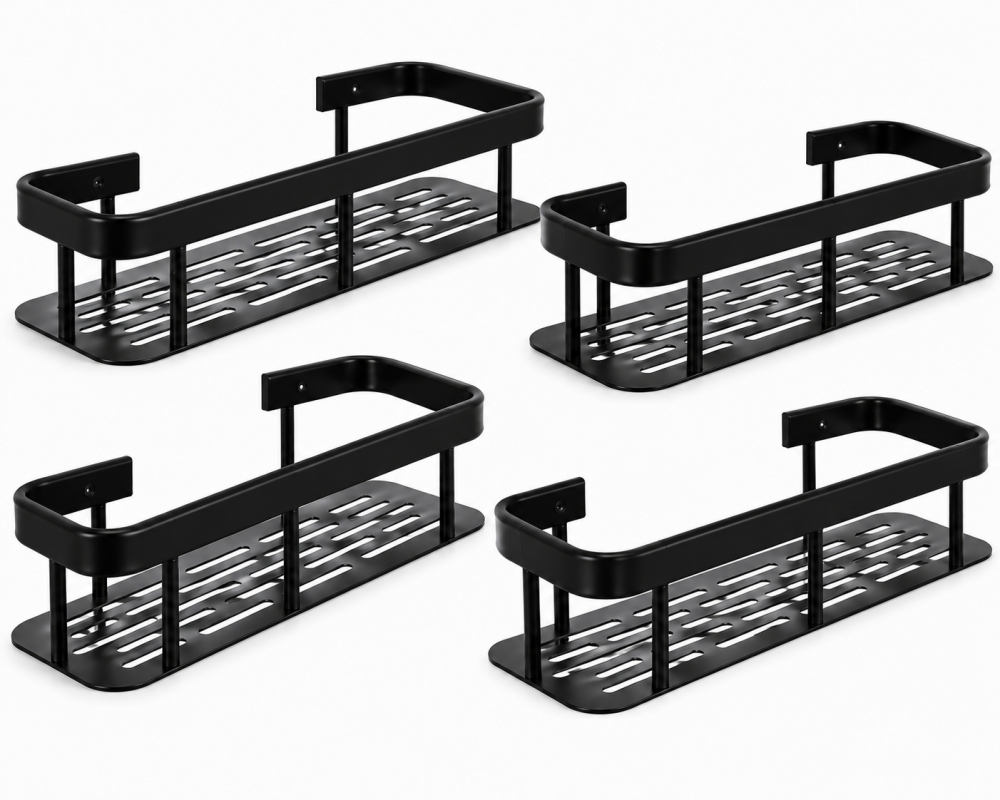 Set 4 rafturi suspendate pentru baie, metal, montare pe perete, 30 x 13 x 4,7 cm fiecare, capacitate 10 kg/raft, negre [3]