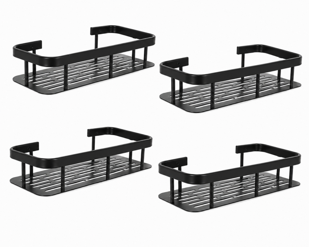 Set 4 rafturi suspendate pentru baie, metal, montare pe perete, 30 x 13 x 4,7 cm fiecare, capacitate 10 kg/raft, negre [4]