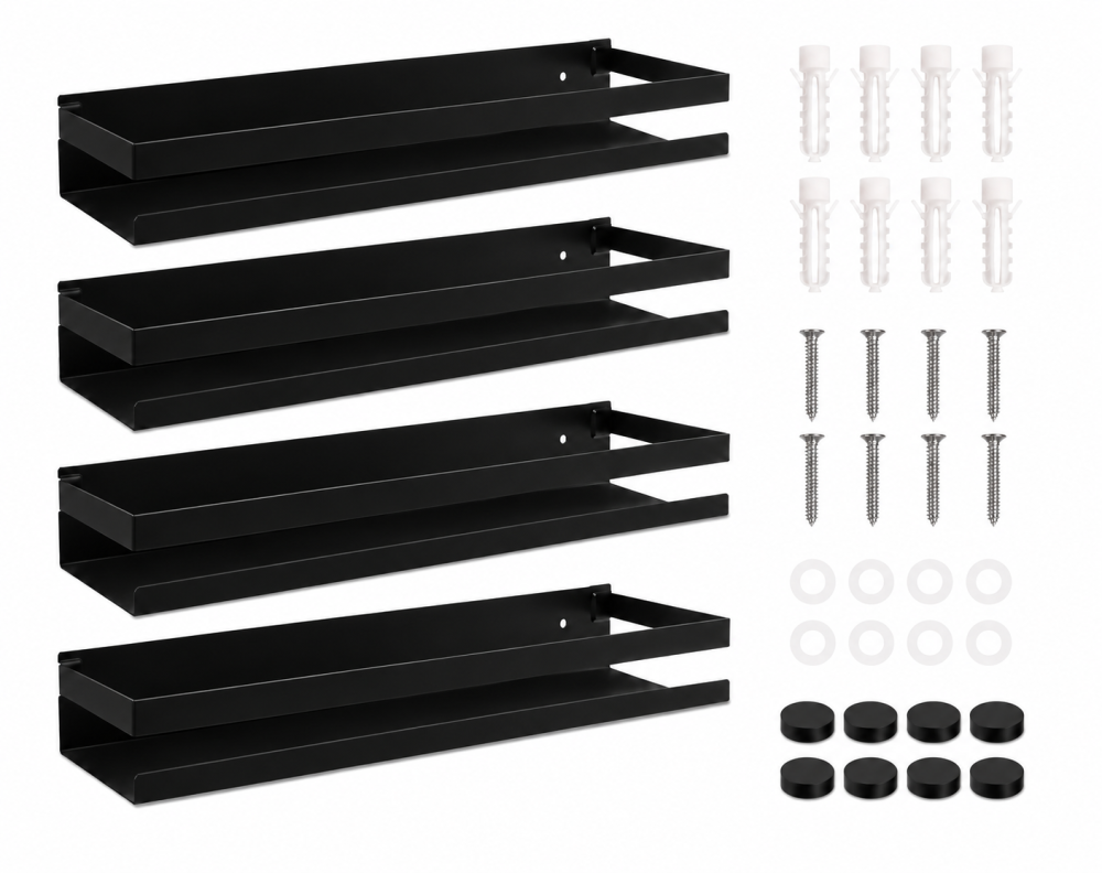 Set 4 Rafturi Suspendate pentru Baie si Bucatarie, Otel Inoxidabil, Capacitate 10 kg fiecare, 50 x 10.5 x 6 cm, Negru [2]