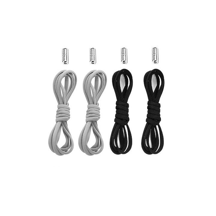 Set 4 sireturi elastice cu sistem de prindere, capsula metalica - Gri, negru