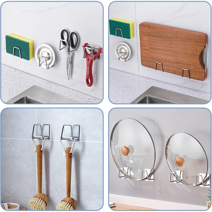 Set 4 suporturi autoadezive pentru burete, inox rezistent la apa, montare cu adeziv 3M, organizator chiuveta cu drenaj rapid si ventilatie, argintiu [8]