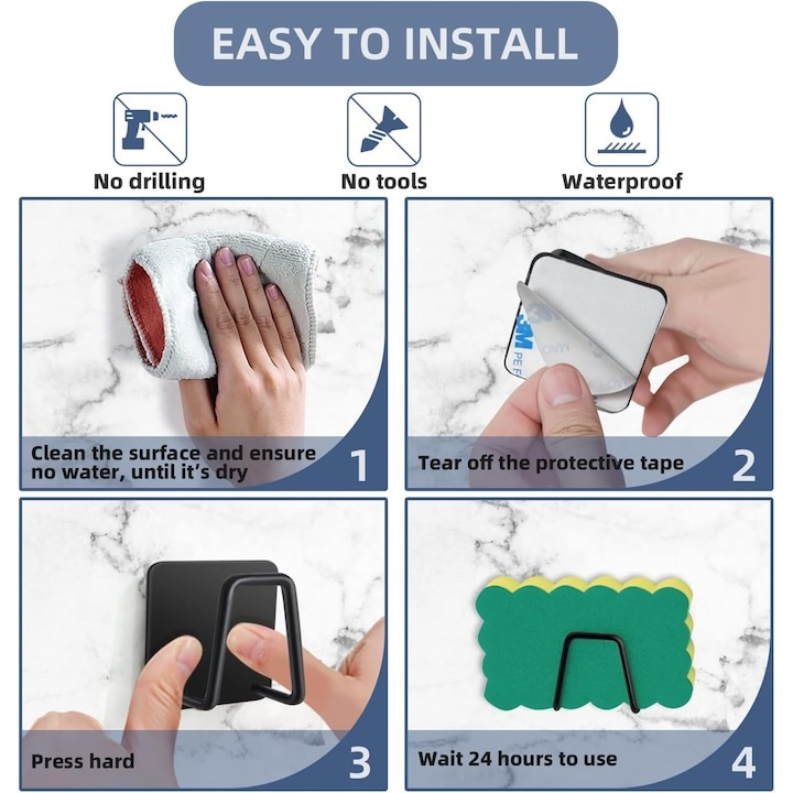 Set 4 suporturi autoadezive pentru burete, otel inoxidabil rezistent la apa, montare cu adeziv 3M, organizator chiuveta bucatarie, ventilatie si drenaj rapid, negru [6]