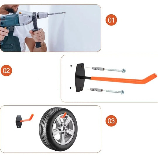 Set 4 suporturi pentru depozitare scule, anvelope, jante, biciclete, otel/PVC, montare pe perete, greutate suportata 40 kg, negru/portocaliu [5]