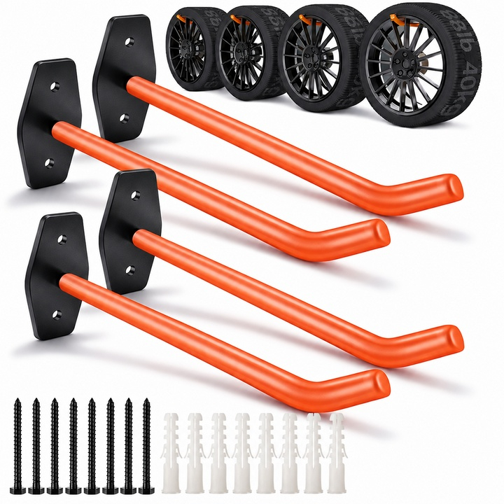Set 4 suporturi pentru depozitare scule, anvelope, jante, biciclete, otel/PVC, montare pe perete, greutate suportata 40 kg, negru/portocaliu [9]