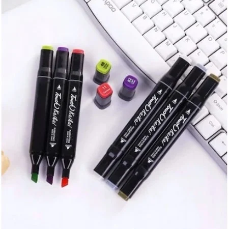 Set 48 markere colorate cu doua capete, varf fin 1 mm si tesit 3-6 mm, suport organizator compartimentat si geanta [4]