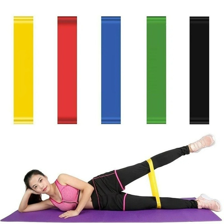 Set 5 benzi elastice de antrenament, pentru fitness, gimnastica, yoga si recuperare, niveluri diferite de rezistenta 2.2 kg – 21.8 kg, multicolore [4]