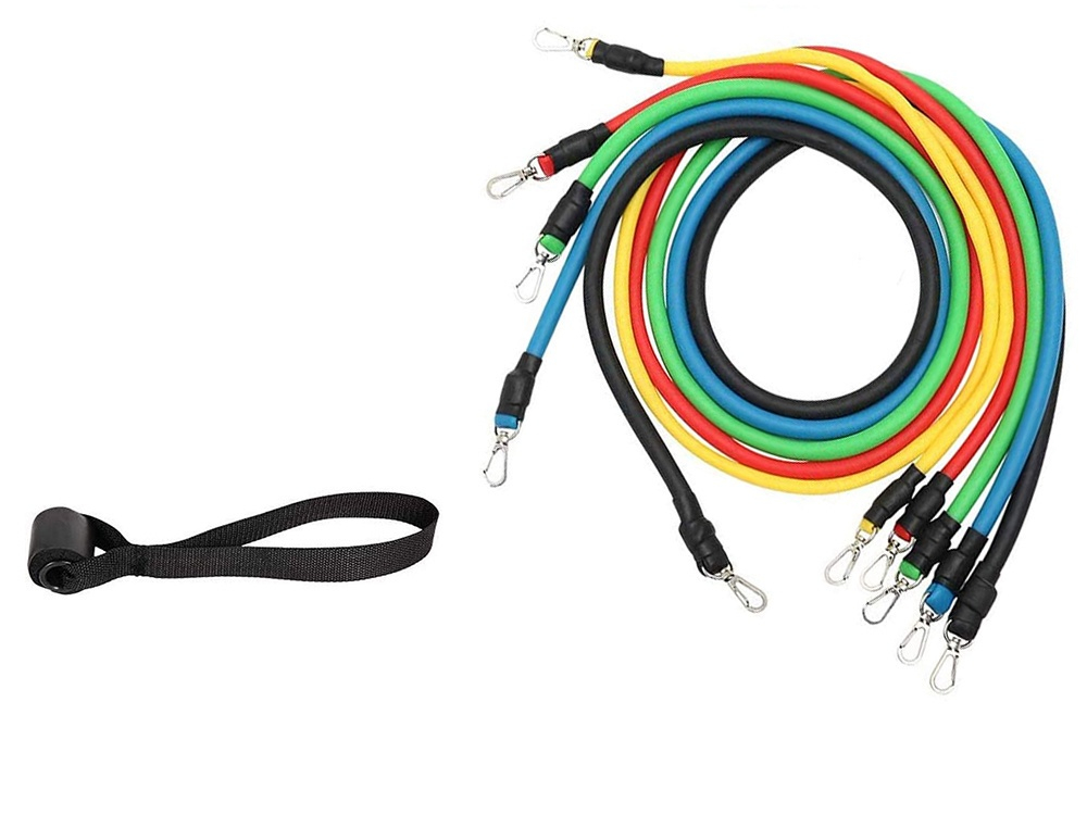 Set 5 benzi elastice fitness cu rezistenta, extensibile, cu manere, antrenament forta, acasa, sala, multicolor [11]