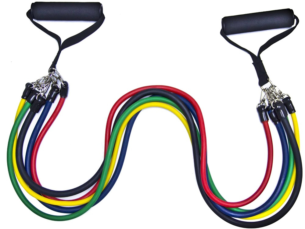 Set 5 benzi elastice fitness cu rezistenta, extensibile, cu manere, antrenament forta, acasa, sala, multicolor [8]