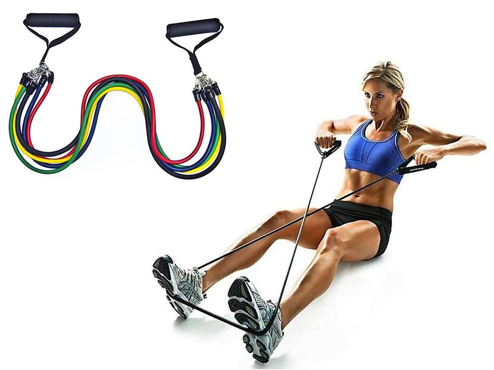 Set 5 benzi elastice fitness cu rezistenta, extensibile, cu manere, antrenament forta, acasa, sala, multicolor [10]
