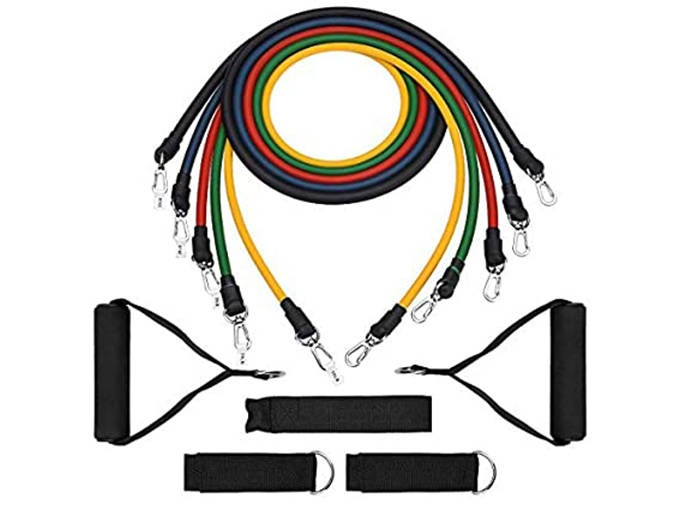 Set 5 benzi elastice fitness cu rezistenta, extensibile, cu manere, antrenament forta, acasa, sala, multicolor [9]