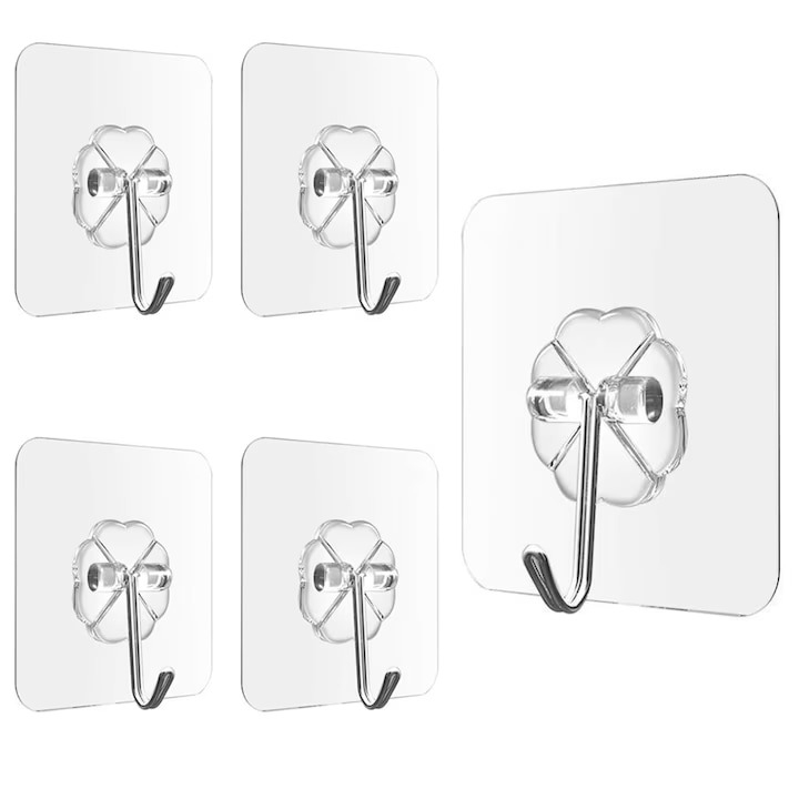 Set 5 carlige adezive transparente, rezistente, multifunctionale, plastic, metal