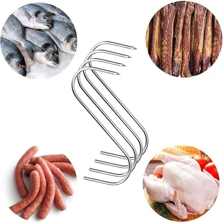 Set 5 carlige pentru carne si macelarie, argintii 14.5 cm, grosime 2.8 mm, inox tip S cu capat ascutit, reutilizabile pentru afumare, uscare si suspendare [4]