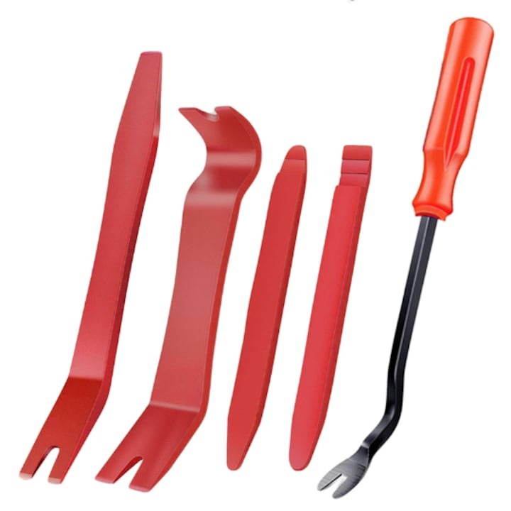 Set 5 instrumente demontare auto, interior, tapiterie, extractor metalic - Rosu