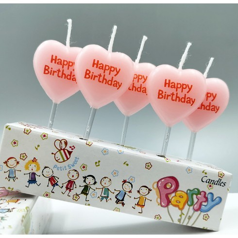 Set 5 Lumanari Decorative pentru Tort, Model Inima cu Mesaj Happy Birthday, din Ceara, 2.5 x 2.5 cm, Roz, Accesorii pentru Aniversare [2]