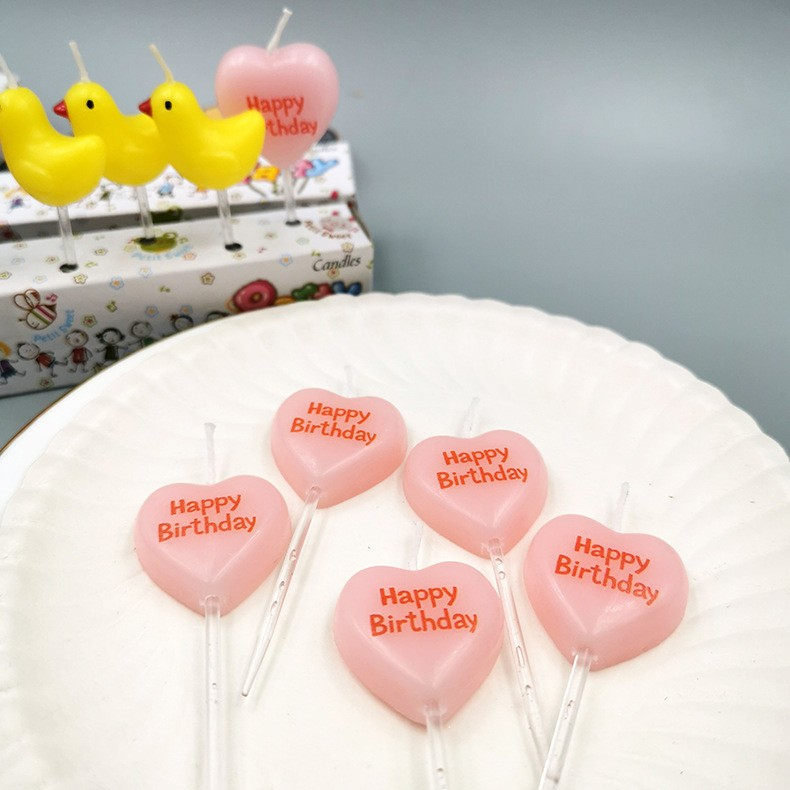 Set 5 Lumanari Decorative pentru Tort, Model Inima cu Mesaj Happy Birthday, din Ceara, 2.5 x 2.5 cm, Roz, Accesorii pentru Aniversare [4]
