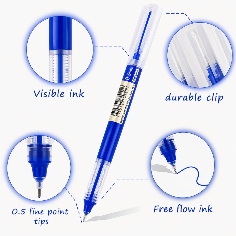 Set 5 pixuri cu bila albastru, varf 0.5 mm, lungime 14 cm, scriere fina, cerneala pe baza de apa, utilizare scoala si birou [7]