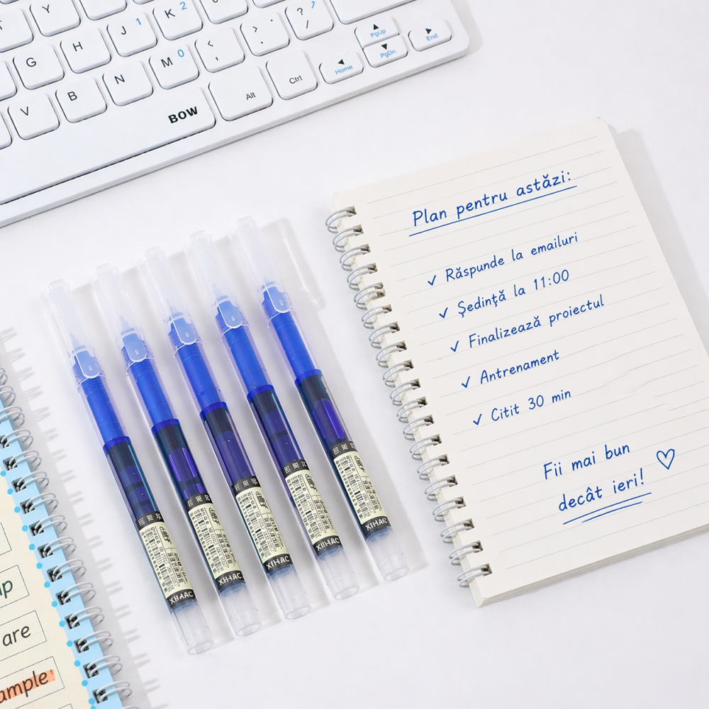 Set 5 pixuri cu bila albastru, varf 0.5 mm, lungime 14 cm, scriere fina, cerneala pe baza de apa, utilizare scoala si birou [10]
