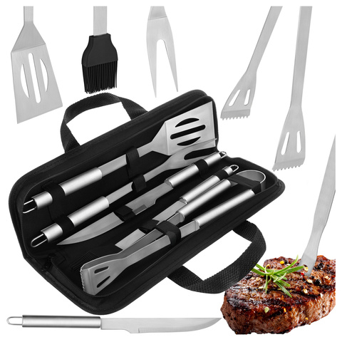 Set 5 ustensile pentru gratar din otel inoxidabil cu manere ergonomice, accesorii BBQ cu pensula silicon si husa pentru transport, 0.757 kg [10]