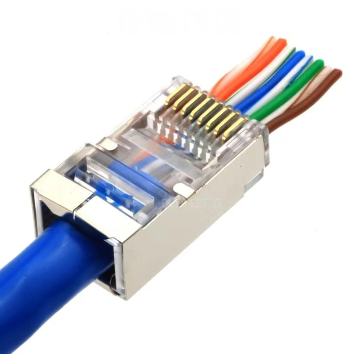 Set 50 conectori retea RJ45 ecranati Cat6e EZ pass through pentru cablu UTP sau FTP, pini placati cu aur, carcasa metal si plastic [4]