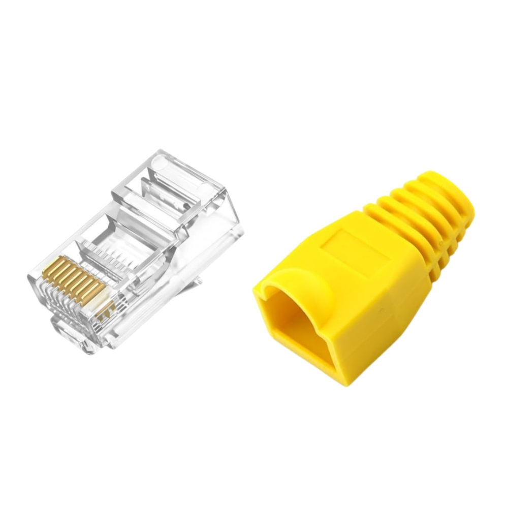 Set 50 x mufa + manson de protectie, RJ45, CAT5 CAT6, 8 pini 8P8C, galben