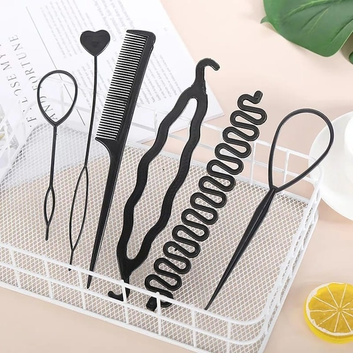 Set 6 Accesorii pentru impletirea parului, pieptan, coada de peste, spirala, plastic, negru [2]