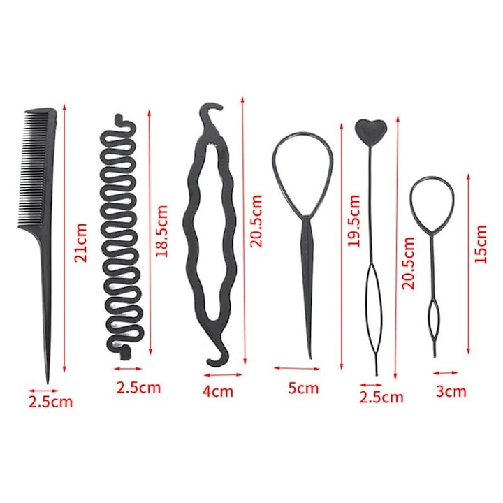 Set 6 Accesorii pentru impletirea parului, pieptan, coada de peste, spirala, plastic, negru [5]