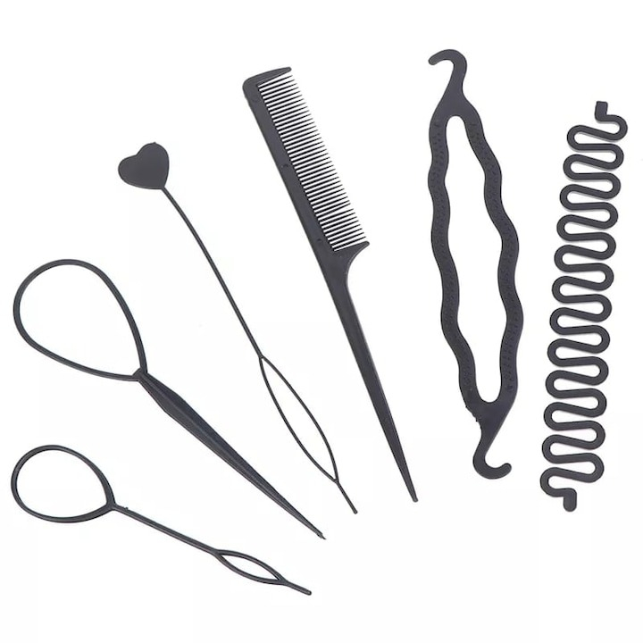 Set 6 Accesorii pentru impletirea parului, pieptan, coada de peste, spirala, plastic, negru [3]