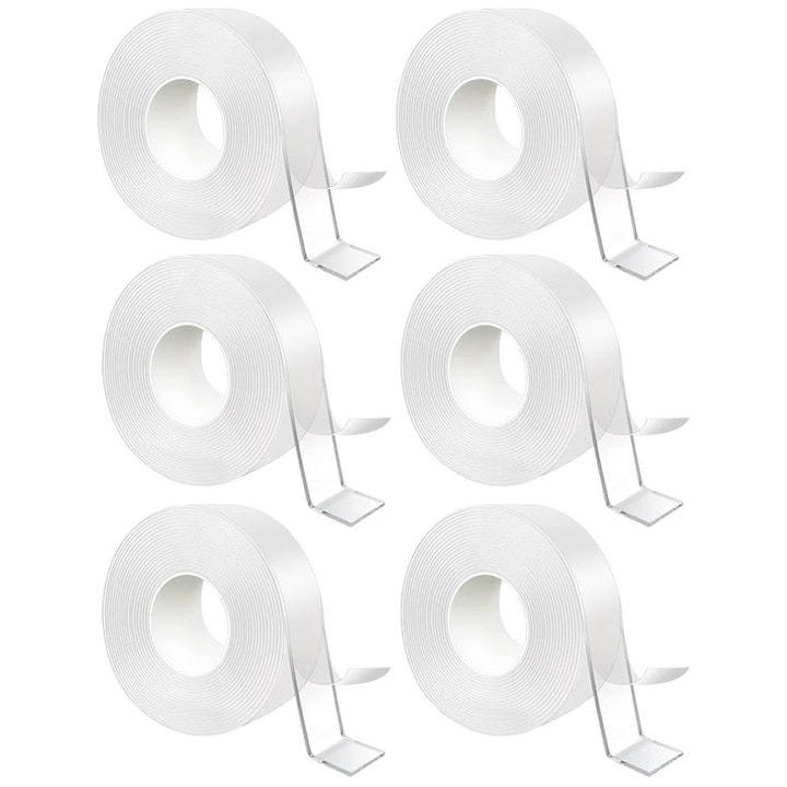 Set 6 benzi dublu adezive pentru uz casnic, reutilizabile, lungime 5 m, latime 3 cm, transparente [1]
