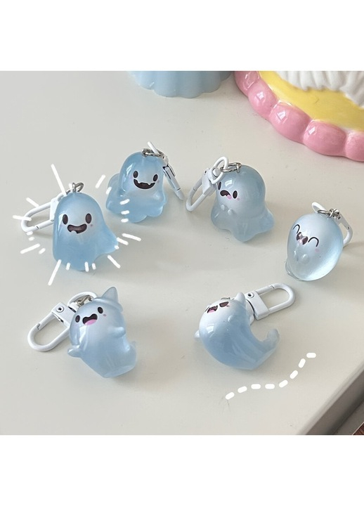 Set 6 brelocuri fosforescente cu fantome simpatice, pandantive din rasina, modele diferite, accesorii pentru chei, ghiozdan sau geanta, albastru [2]