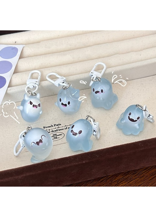 Set 6 brelocuri fosforescente cu fantome simpatice, pandantive din rasina, modele diferite, accesorii pentru chei, ghiozdan sau geanta, albastru [3]