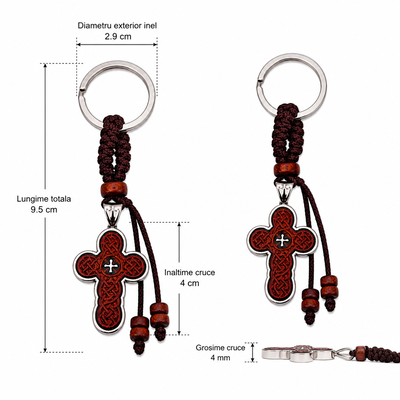 Set 6 brelocuri religioase maro-argintiu 9.5 cm, cruciulite crestine 4 cm gravate, spate metalic, snur impletit cu margele din lemn, inel 2.9 cm, marturii botez [6]