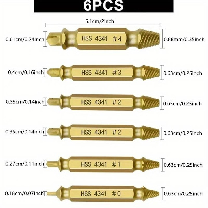 Set 6 burghie extractoare pentru suruburi rupte, 6 dimensiuni, cu cutie de depozitare, utilizare universala [7]