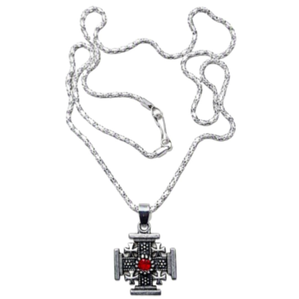 Set 6 coliere argintii 29 cm cu pandantiv cruce Ierusalim 2,3 x 2,3 cm, inscriptie Jerusalem, lant metalic unisex pentru marturii botez si evenimente crestine [2]