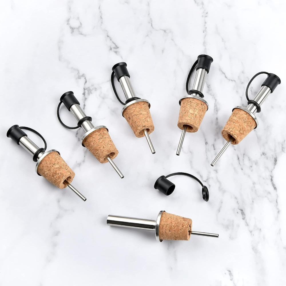 Set 6 dopuri dozatoare pentru sticle, 9.2 x 2.3 cm, pluta naturala si inox, turnare uniforma pentru bauturi si lichide alimentare [8]