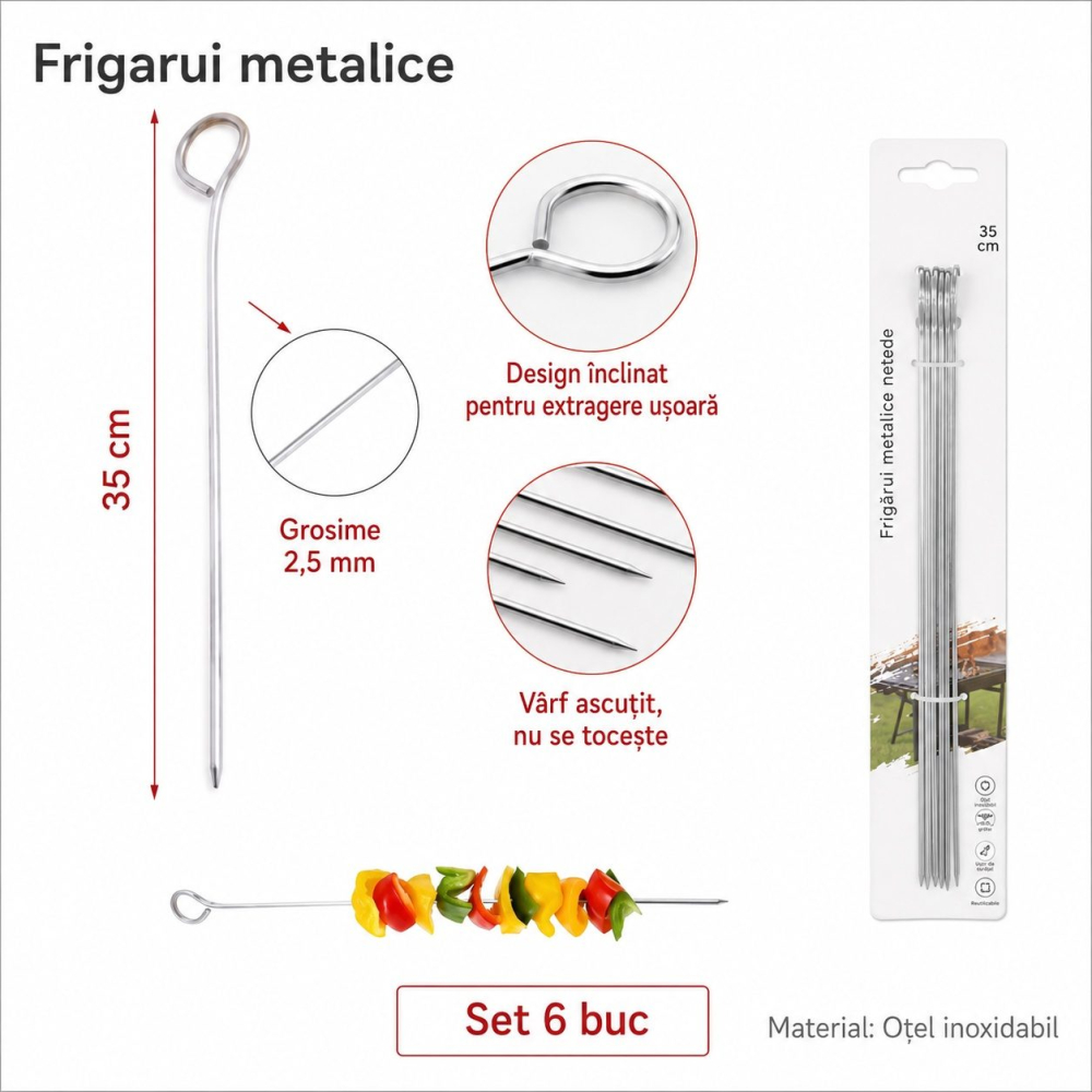 Set 6 frigarui metalice argintii 35 cm x 2,5 mm, tepuse din otel inoxidabil [5]