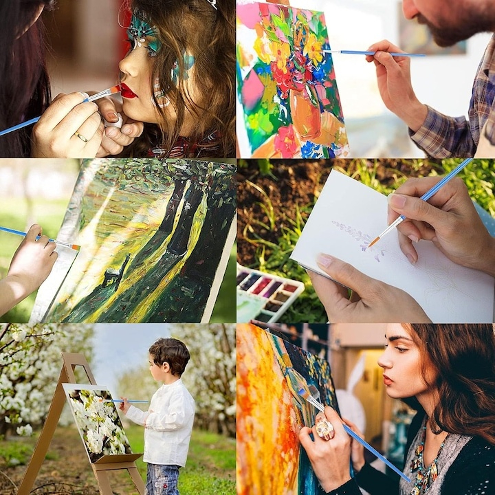 Set 6 pensule pictura, 3 rotunde si 3 plate, lungime 17 cm, par sintetic nailon, maner ergonomic, pentru acuarela acrilic ulei, albastru [5]