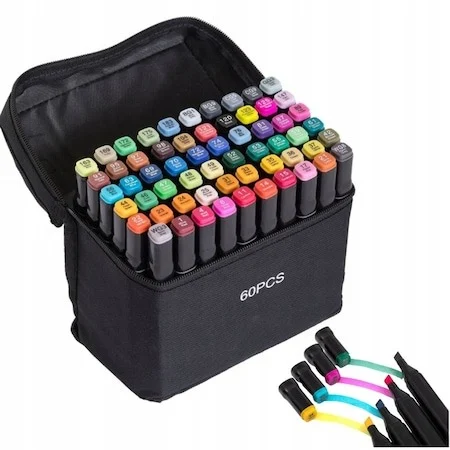 Set 60 markere multicolore cu doua capete, varf fin 1 mm si lat 3-6 mm, suport organizator, geanta de transport [4]