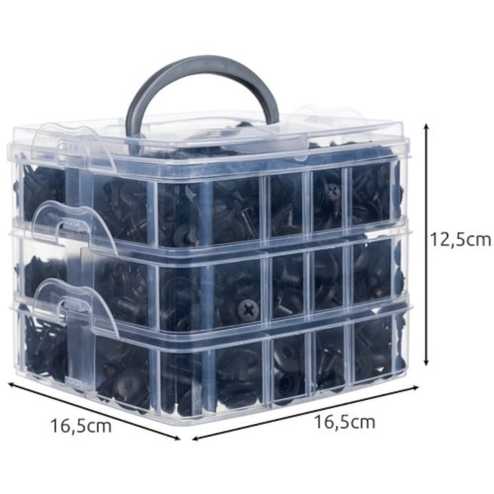 Set 620 clipsuri universale auto, 5 chei extractoare, 16 tipuri de pini, 18 dimensiuni diferite, plastic, negru, cutie depozitare – kit complet pentru reparatii si fixari auto [11]