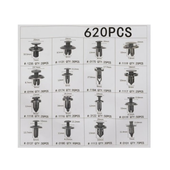 Set 620 clipsuri universale auto, 5 chei extractoare, 16 tipuri de pini, 18 dimensiuni diferite, plastic, negru, cutie depozitare – kit complet pentru reparatii si fixari auto [7]