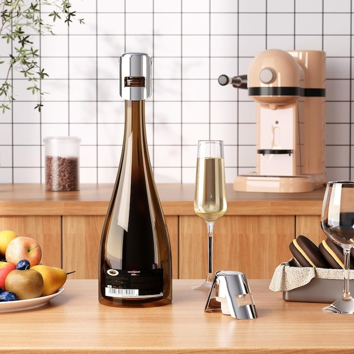 Set 6x Dop pentru sticle de vin, sampanie, alte bauturi, wine stopper, otel inoxidabil, silicon, argintiu [3]