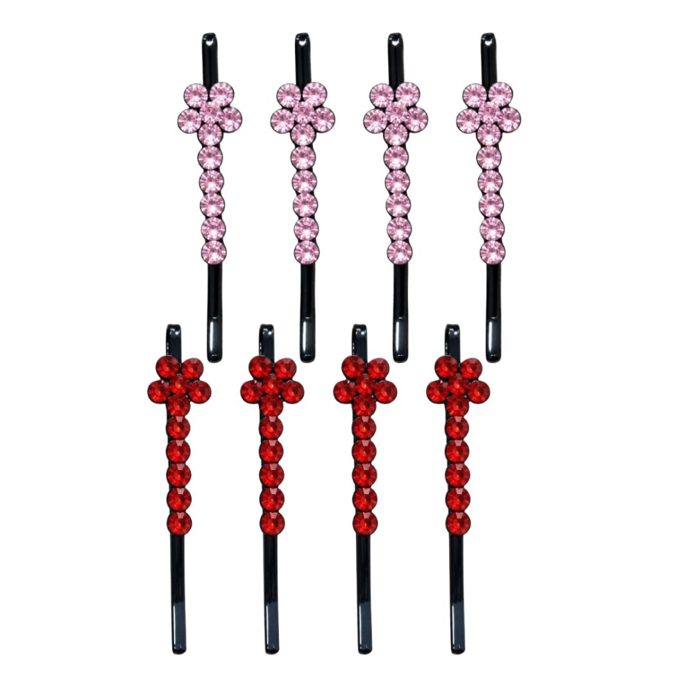 Set 8 agrafe par rosu si roz 5 x 1 cm cu pietre artificiale, 4 rosu si 4 roz, decor floral stralucitor pentru coc, suvite si coafuri de ocazie [3]