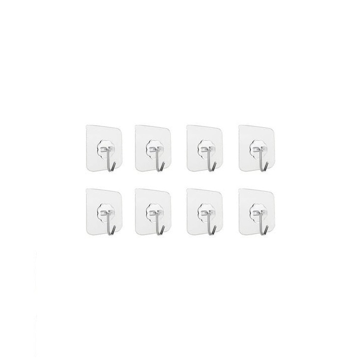 Set 8 carlige adezive transparente, rezistente, multifunctionale, plastic, metal