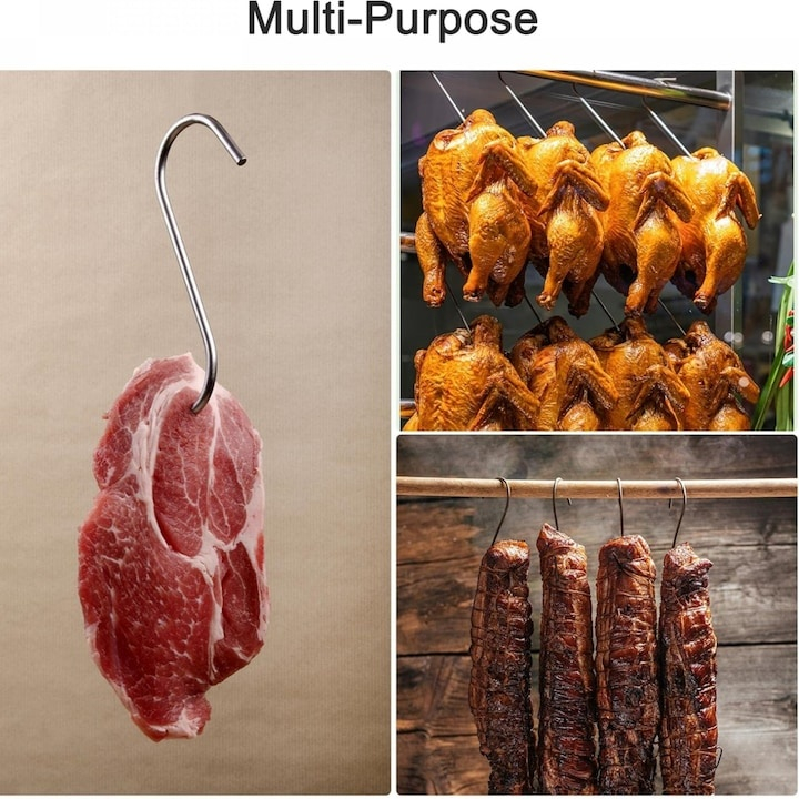 Set 8 carlige pentru procesare carne, argintii 14 cm, grosime 3 mm, otel inoxidabil profil S cu extremitate penetranta, pentru suspendarea si afumarea preparatelor [13]