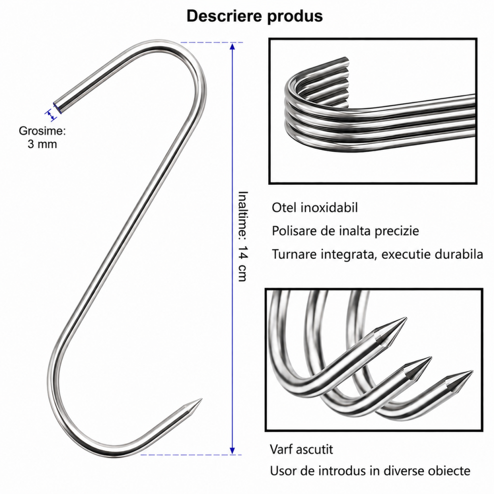 Set 8 carlige pentru suspendare carne, argintii 14 cm, grosime 2.8 mm, inox reutilizabil tip S cu varf ascutit, pentru afumare, macelarie si maturare [2]